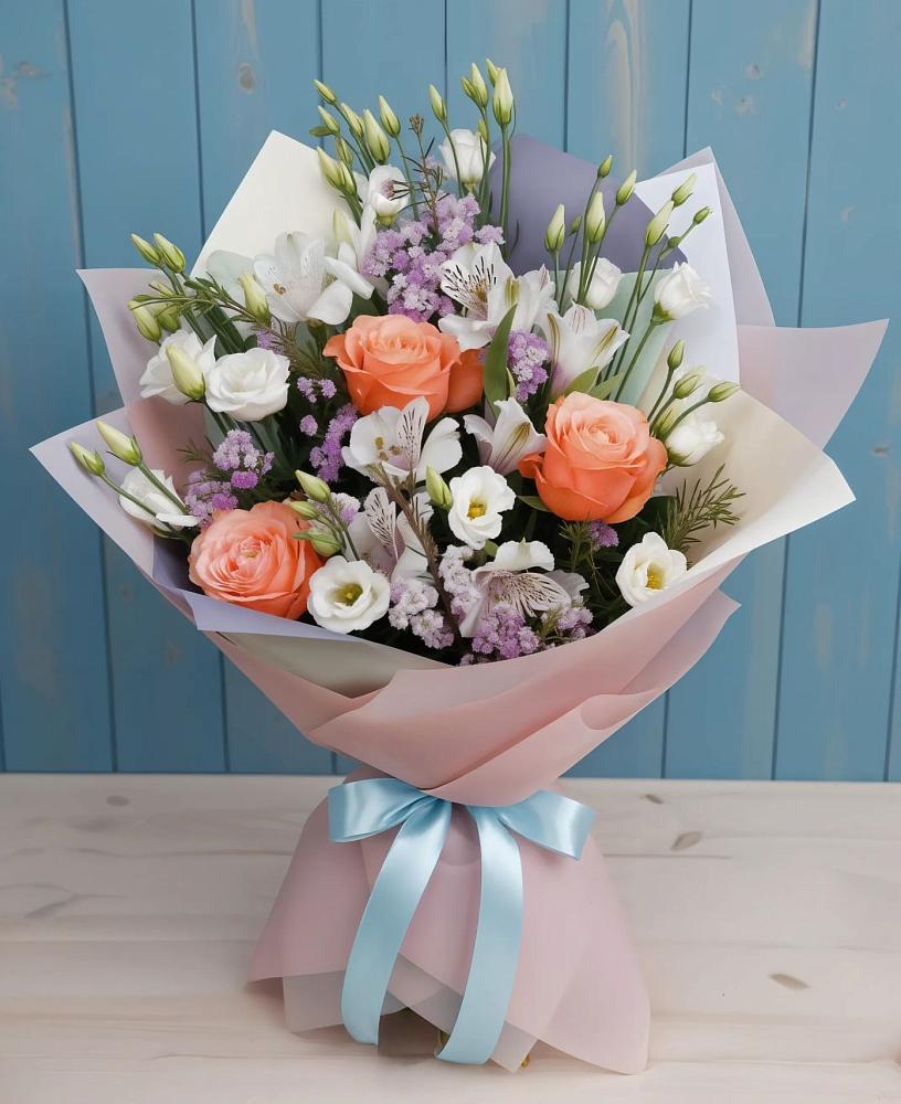 Букет цветов из: Лизиантусы, Розы, Альстромерии и Гипсофила в Троицком Воронежской области